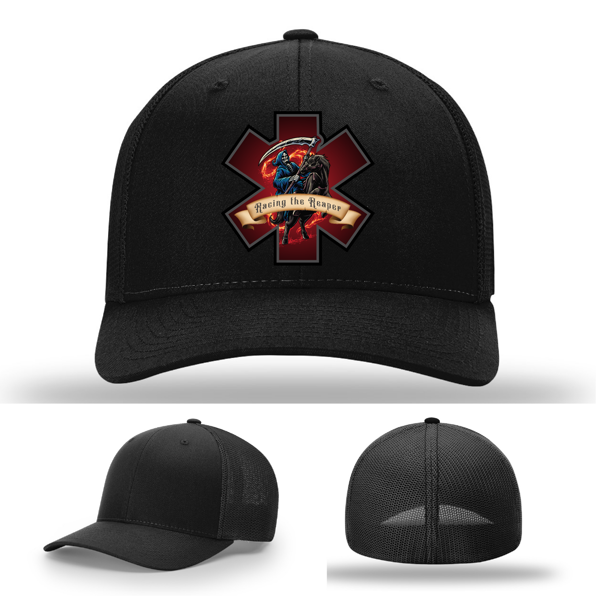 Firefighter gear patch variants – Racing the Reaper leather logo styles shown