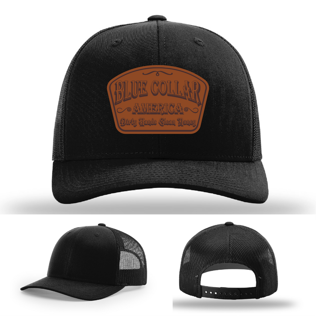 Richardson leather patch hat with 'Blue Collar America – Dirty Hands Clean Money 