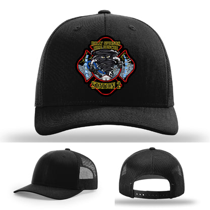 Custom firefighter hat featuring Holly Springs Station 2 department patch