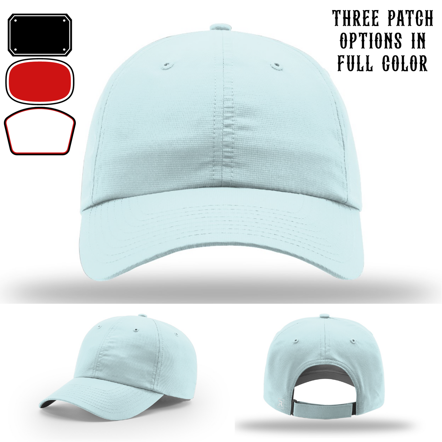Passport-style leather patch variants shown for custom firefighter Richardson hats – variant display for personalized fire patches.