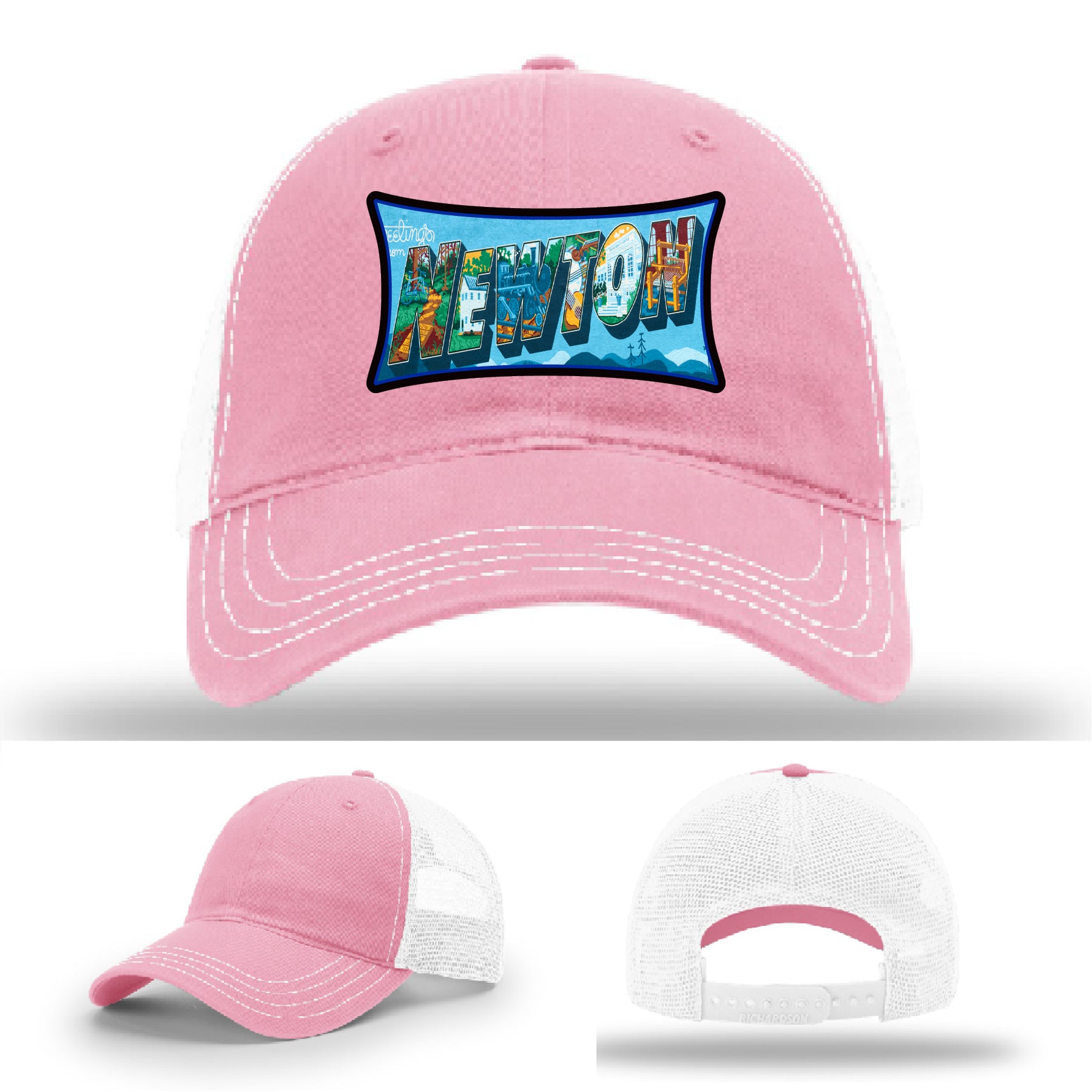 Richardson hat with leather patch featuring Newton NC mural artwork from downtown.