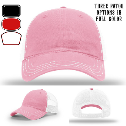 Passport-style leather patch variants shown for custom firefighter Richardson hats – gear variant sample showing passport patch options.