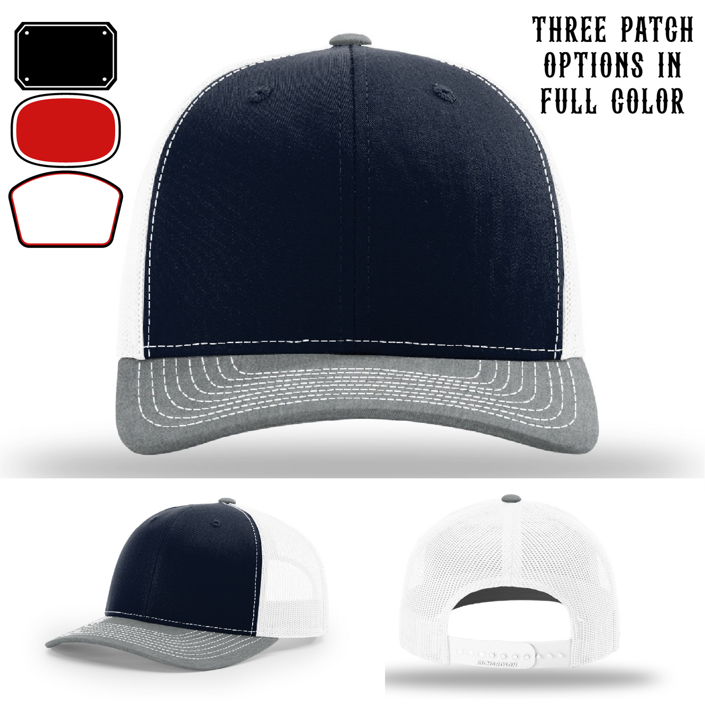 Passport-style leather patch variants shown for custom firefighter Richardson hats – firehouse customization image for passport patch styles.