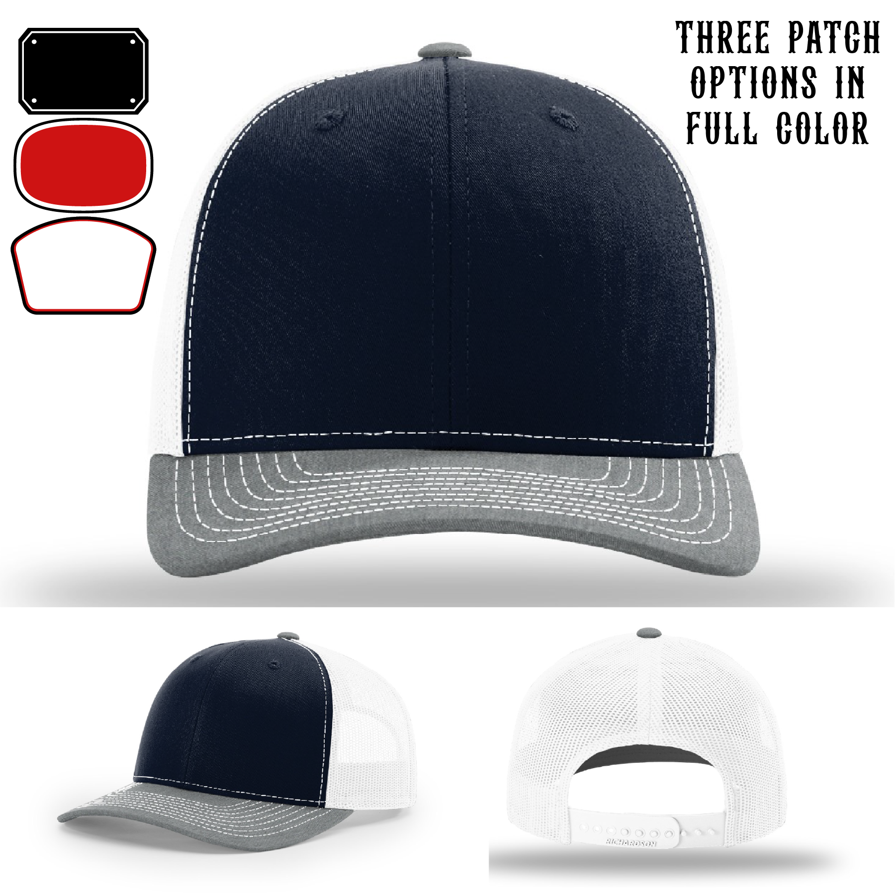Passport-style leather patch variants shown for custom firefighter Richardson hats – firehouse customization image for passport patch styles.