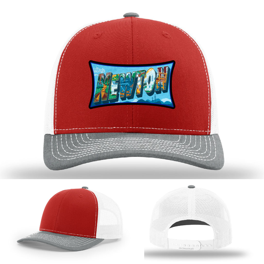 Richardson hat with leather patch featuring Newton NC mural artwork from downtown.