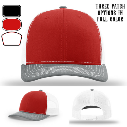 Passport-style leather patch variants shown for custom firefighter Richardson hats – Richardson layout preview for passport gear.