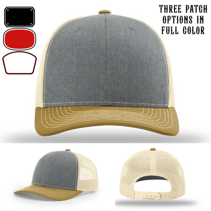 Passport-style leather patch variants shown for custom firefighter Richardson hats – station-themed patch style display for firemen.