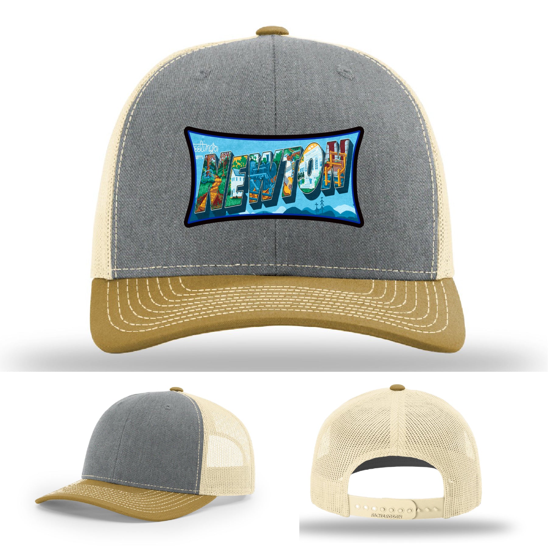 Richardson hat with leather patch featuring Newton NC mural artwork from downtown.