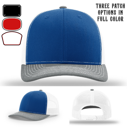 Passport-style leather patch variants shown for custom firefighter Richardson hats – Richardson hat patch shape preview for fire crews.