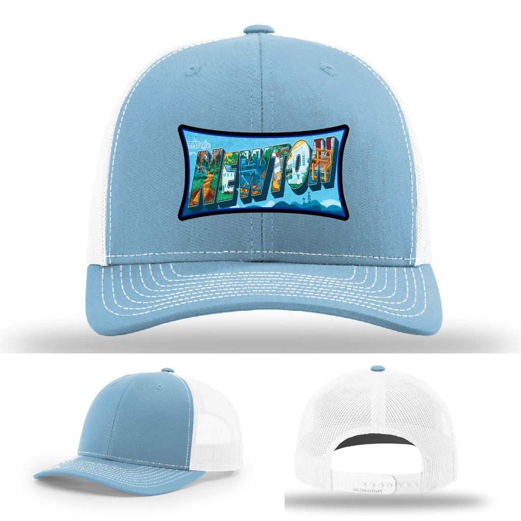 Richardson hat with leather patch featuring Newton NC mural artwork from downtown.