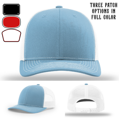 Passport-style leather patch variants shown for custom firefighter Richardson hats – custom firefighter patch options in display format.