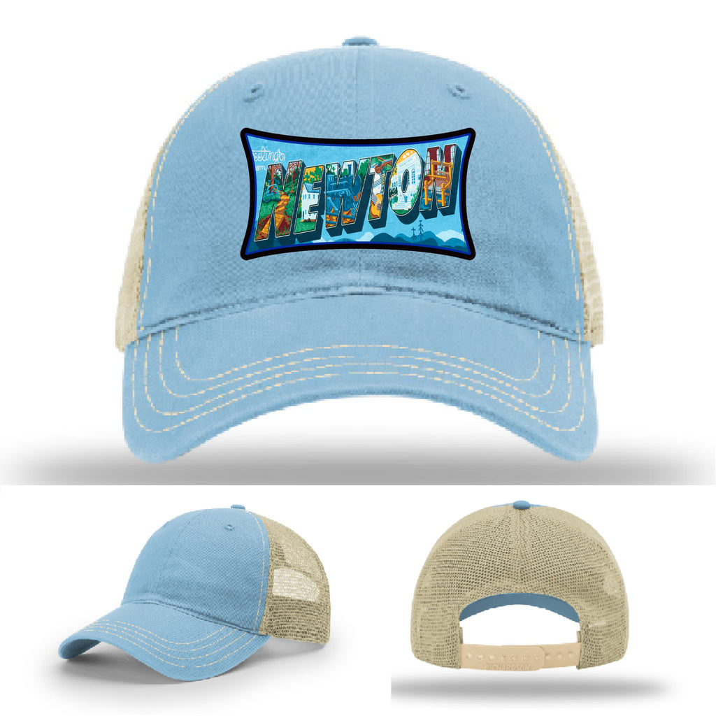 Richardson hat with leather patch featuring Newton NC mural artwork from downtown.