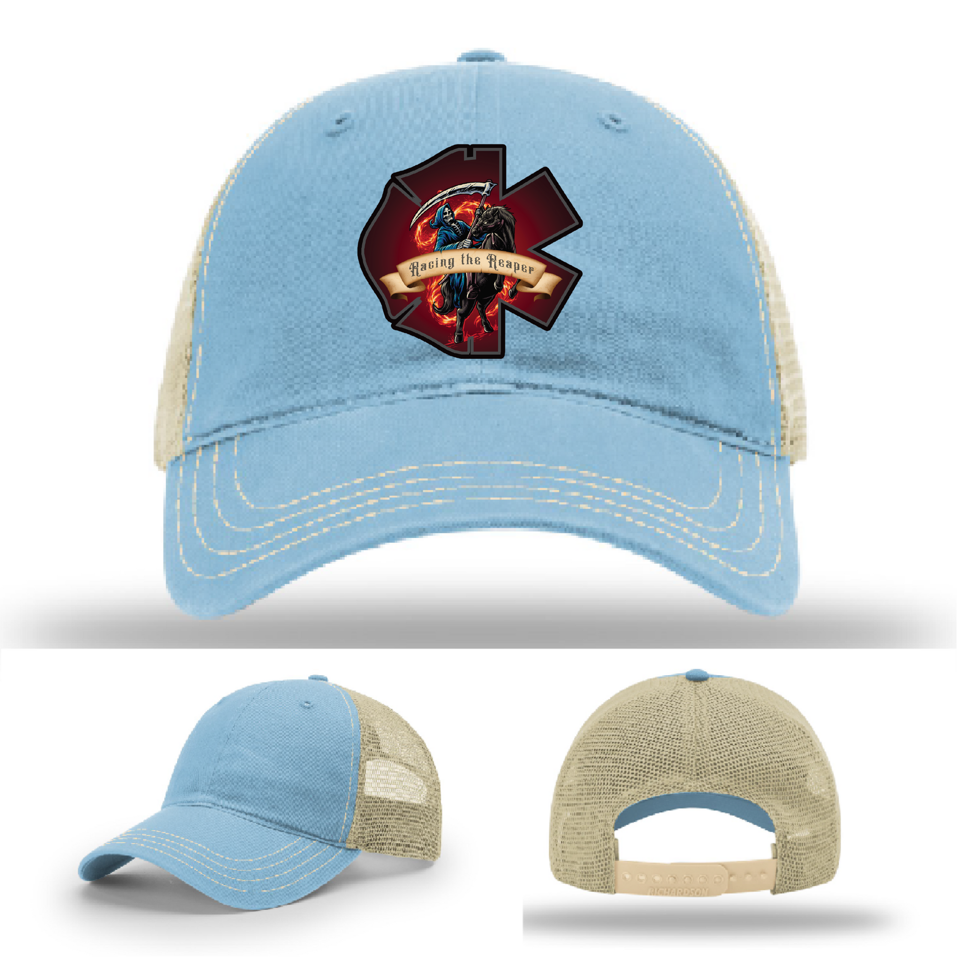 Grim Reaper leather patch logos – EMS firefighter themes on Richardson hat variants
