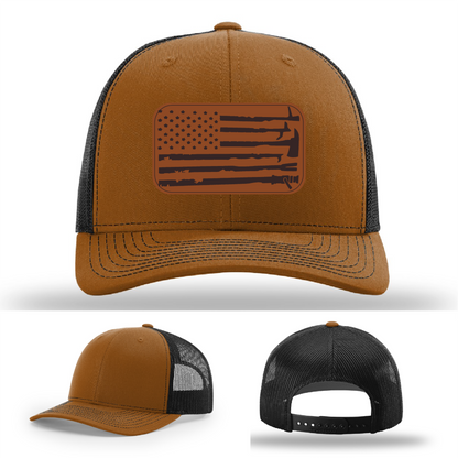 Leather patch firefighter hat – Richardson hat with fire tool American flag design