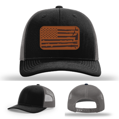 Leather patch firefighter hat – Richardson cap with fire tool American flag design