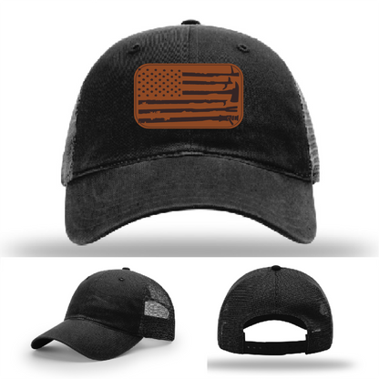 Leather patch firefighter hat – Richardson cap with fire tool American flag design