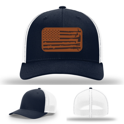 Leather patch firefighter hat – Richardson cap with fire tool American flag design