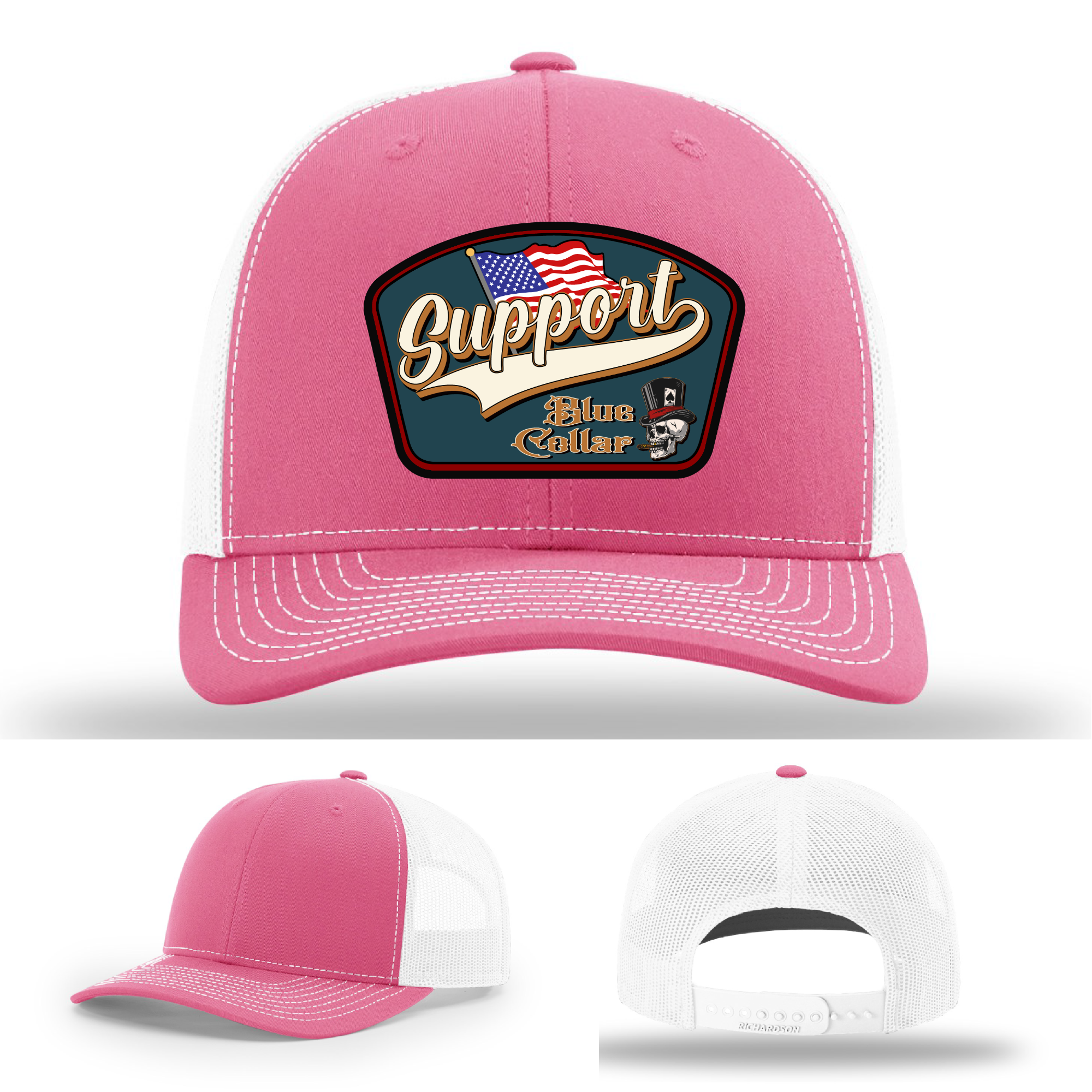Richardson leather patch hat with 'Support Blue Collar' American flag design