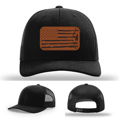Leather patch firefighter hat – Richardson cap with fire tool American flag design