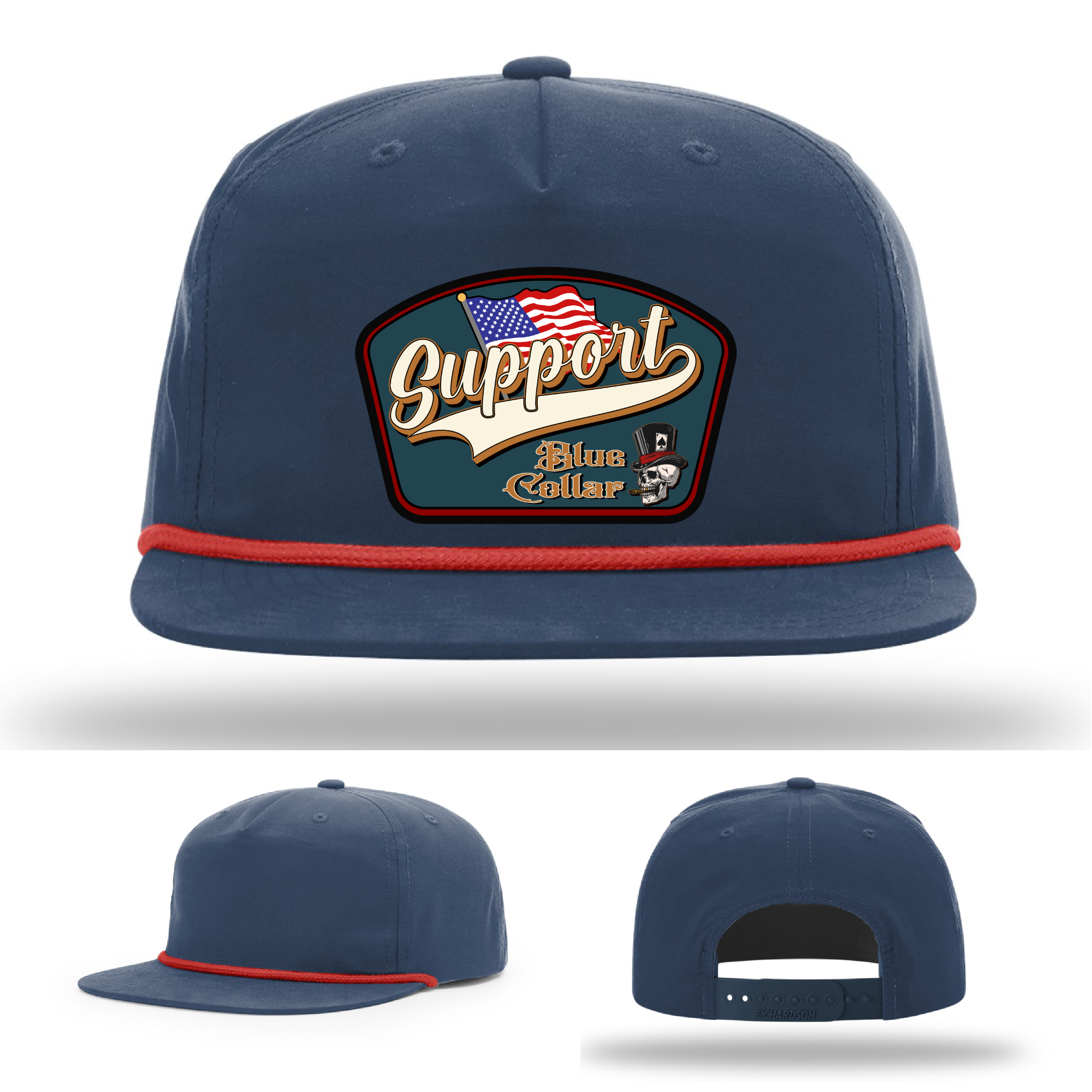 Richardson leather patch hat with 'Support Blue Collar' American flag design