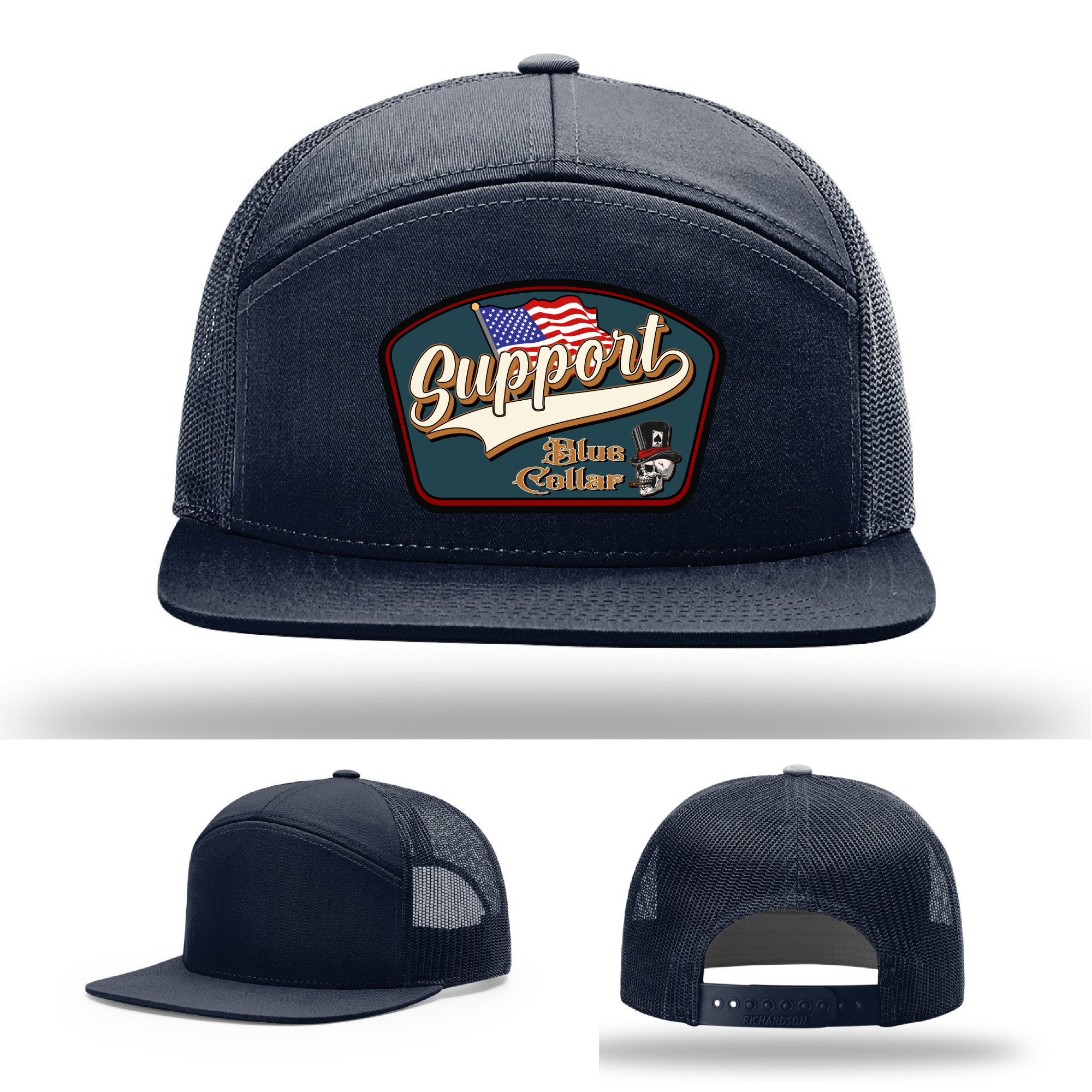 Richardson leather patch hat with 'Support Blue Collar' American flag design