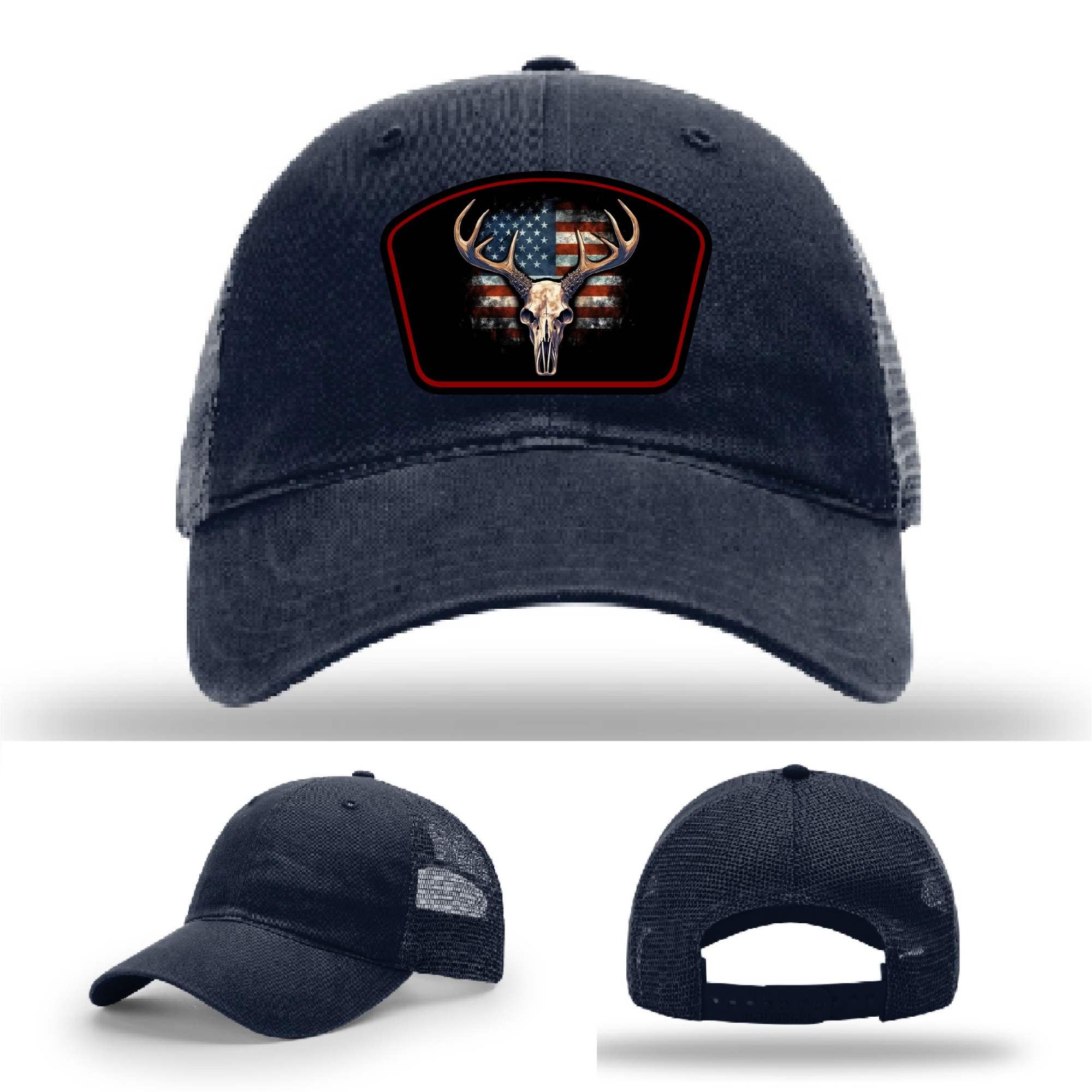 Multiple patch styles – patriotic deer skull logos for hats