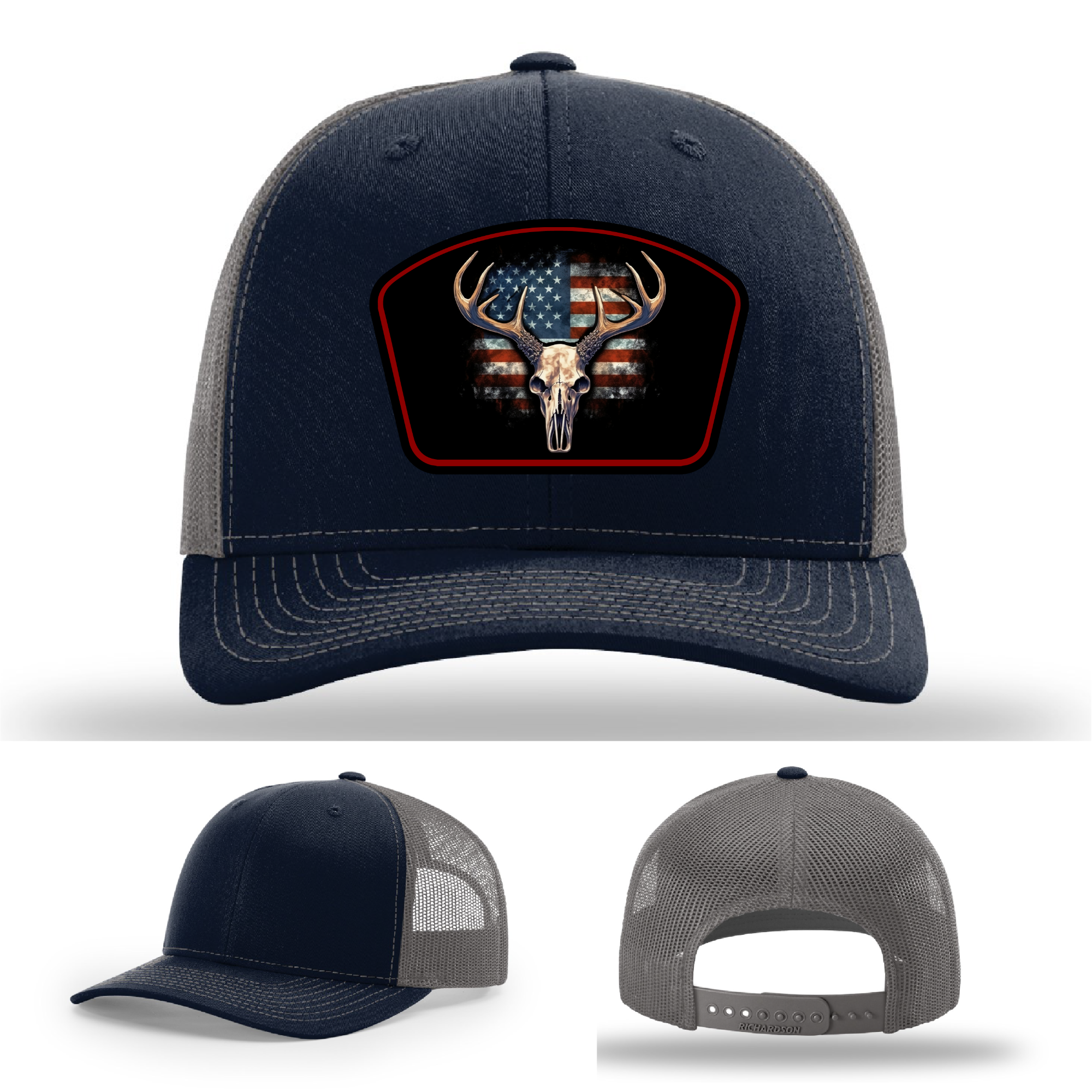Patriotic hat patch designs – variants of American flag skull logos