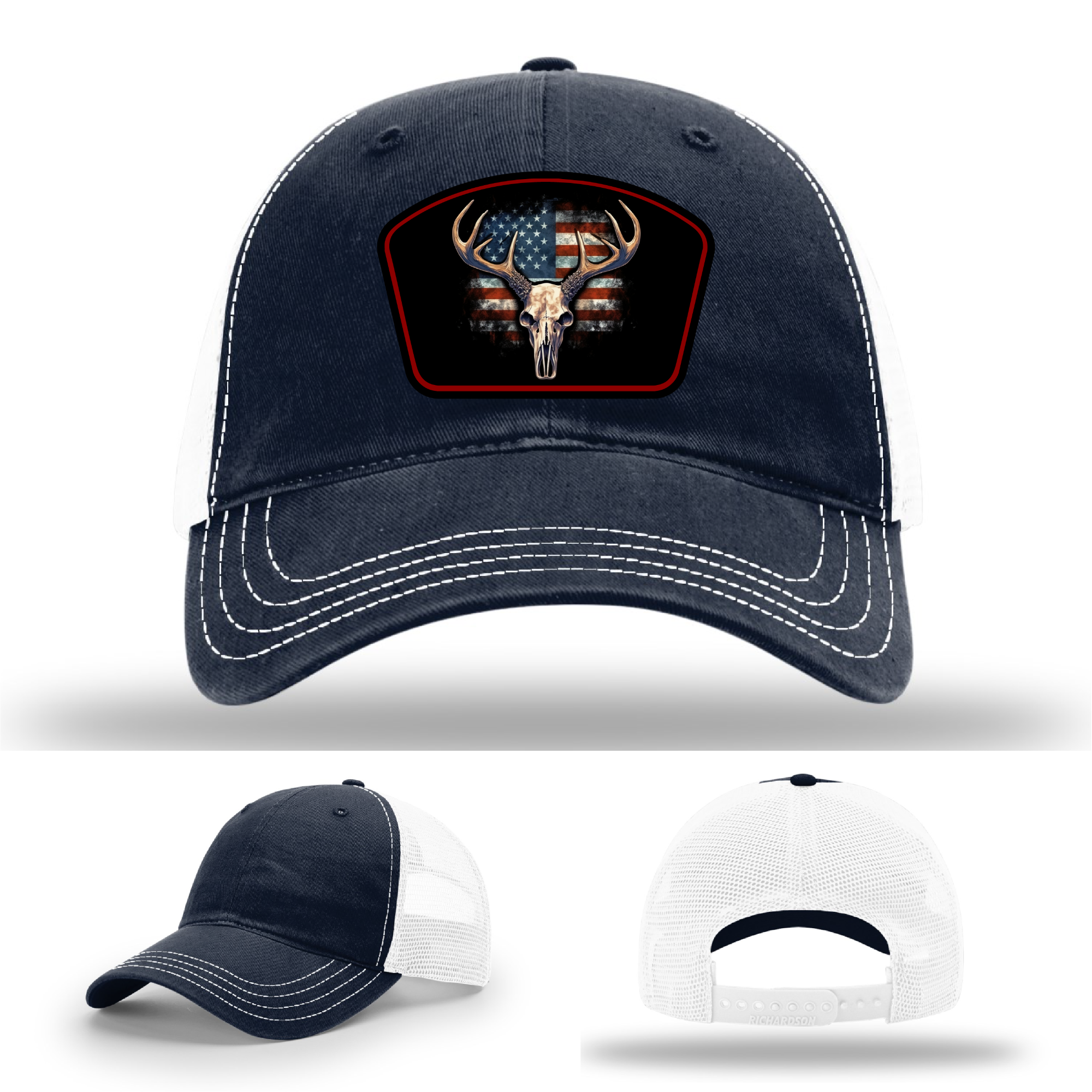 American deer skull leather logo – variant patches on Richardson hats