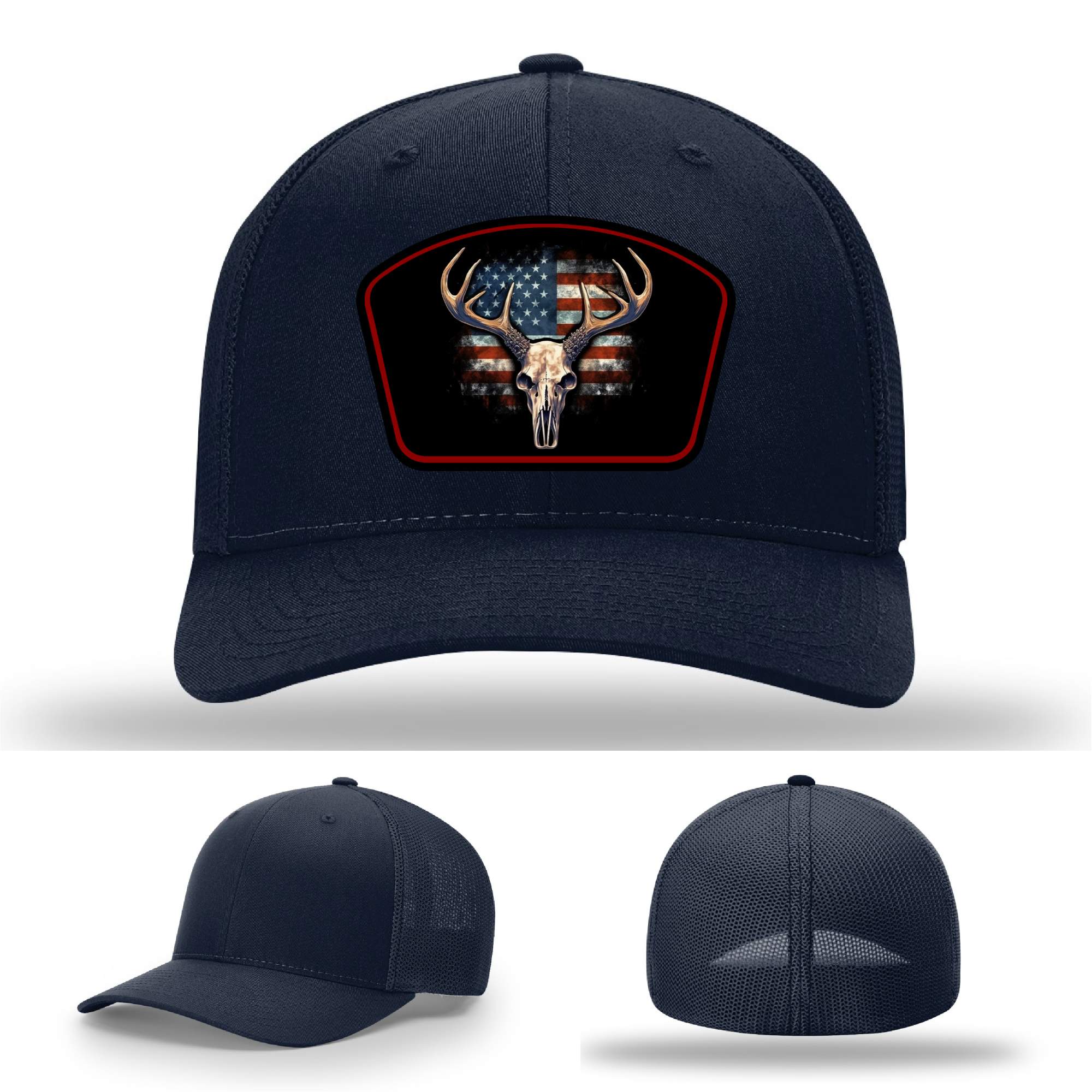 Richardson hats with flag buck patch – logo variants displayed