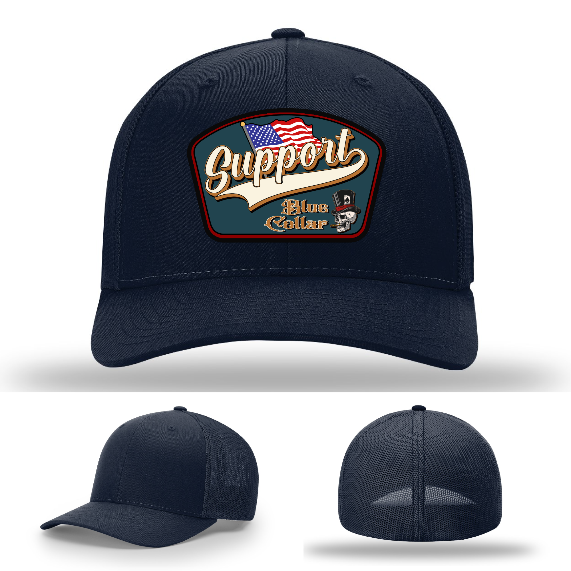 Richardson leather patch hat with 'Support Blue Collar' American flag design