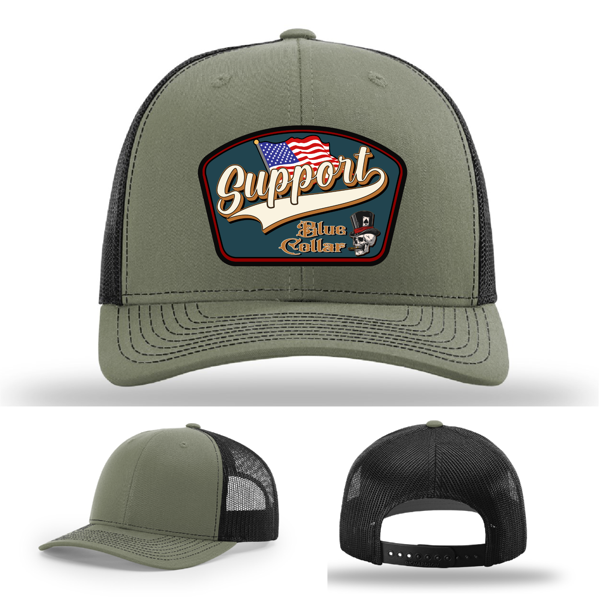 Richardson leather patch hat with 'Support Blue Collar' American flag design