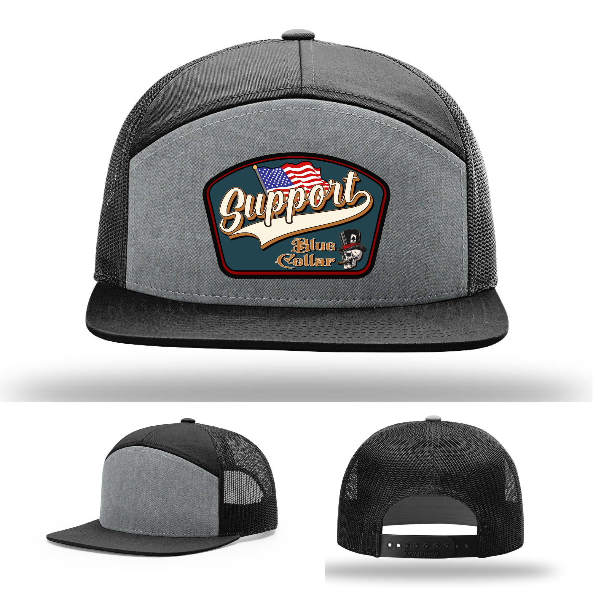 Richardson leather patch hat with 'Support Blue Collar' American flag design