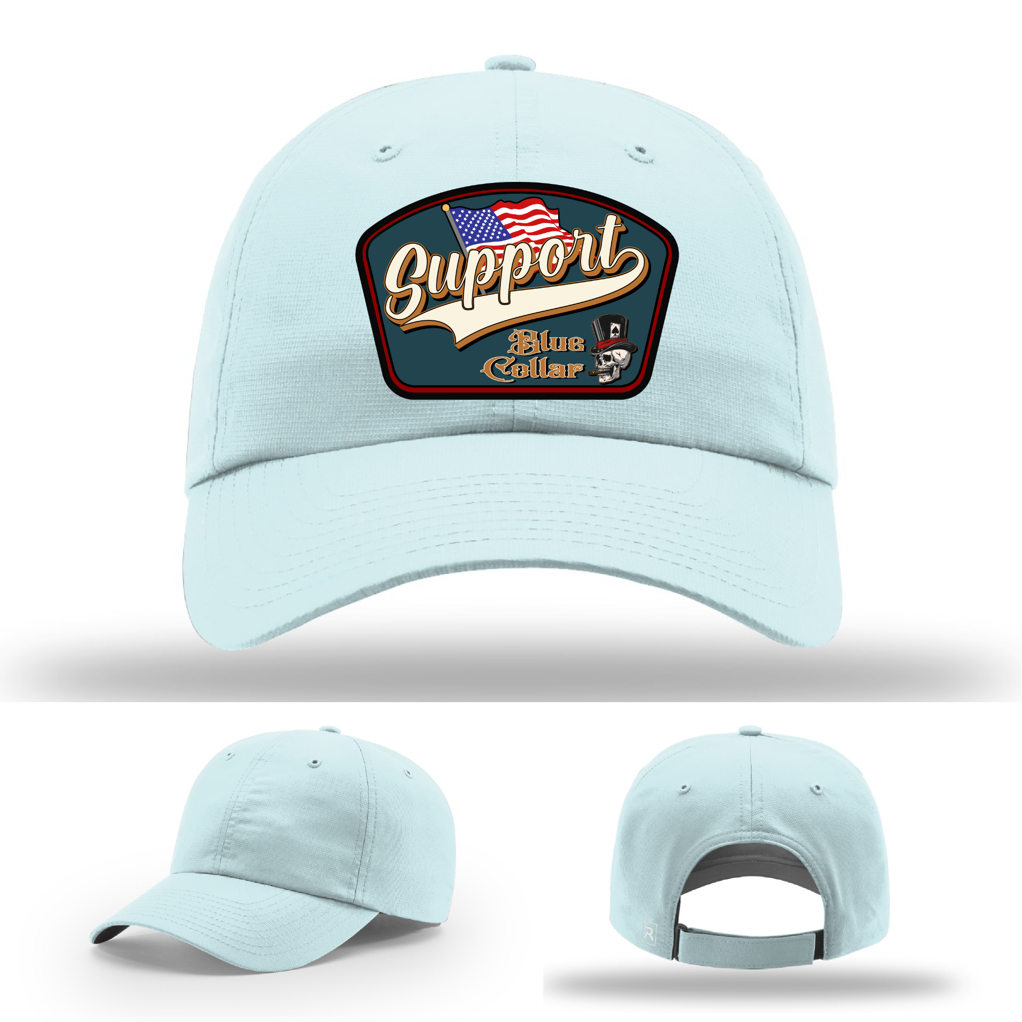 Richardson leather patch hat with 'Support Blue Collar' American flag design