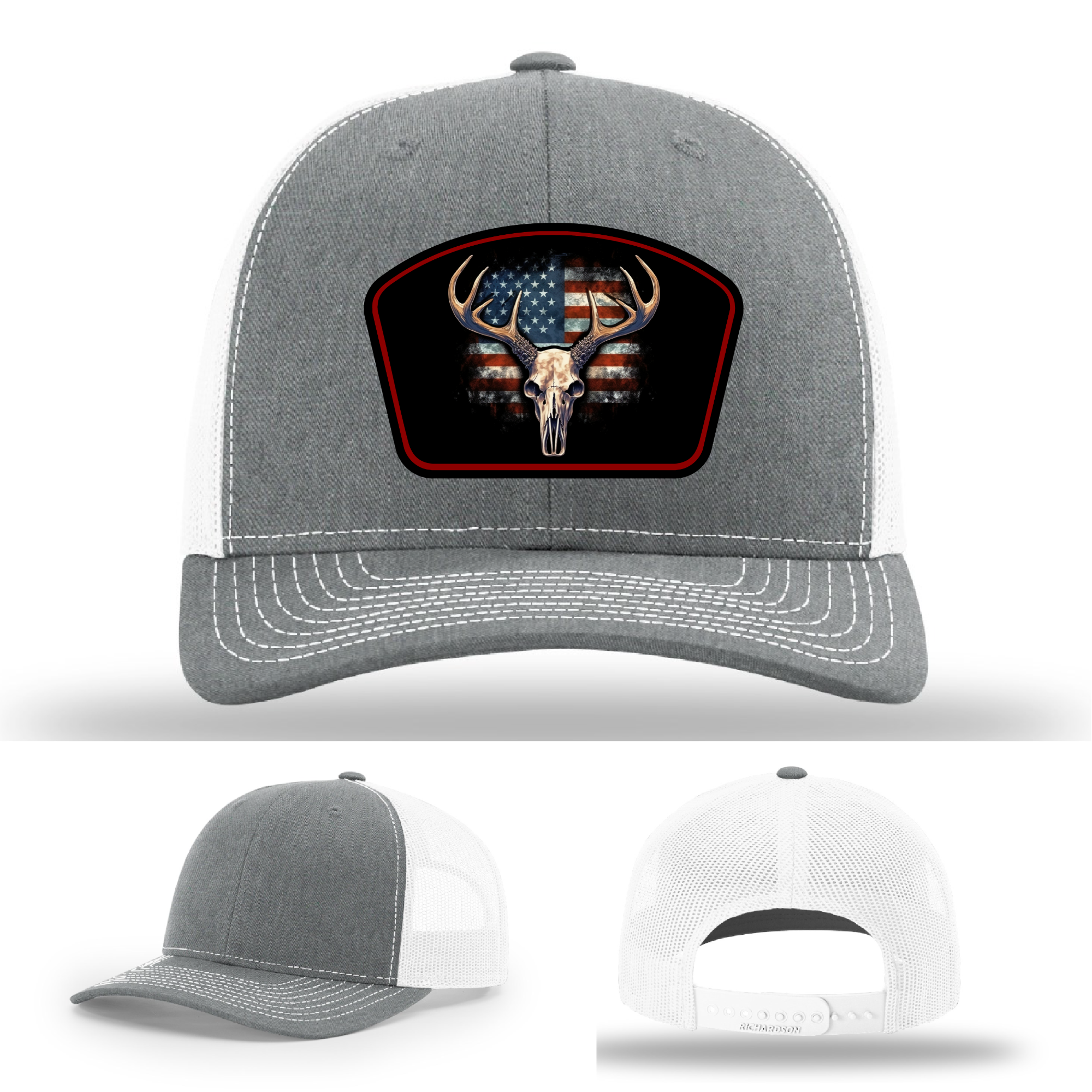 Hat logo variants with patriotic deer skull – American flag patch artwork shown