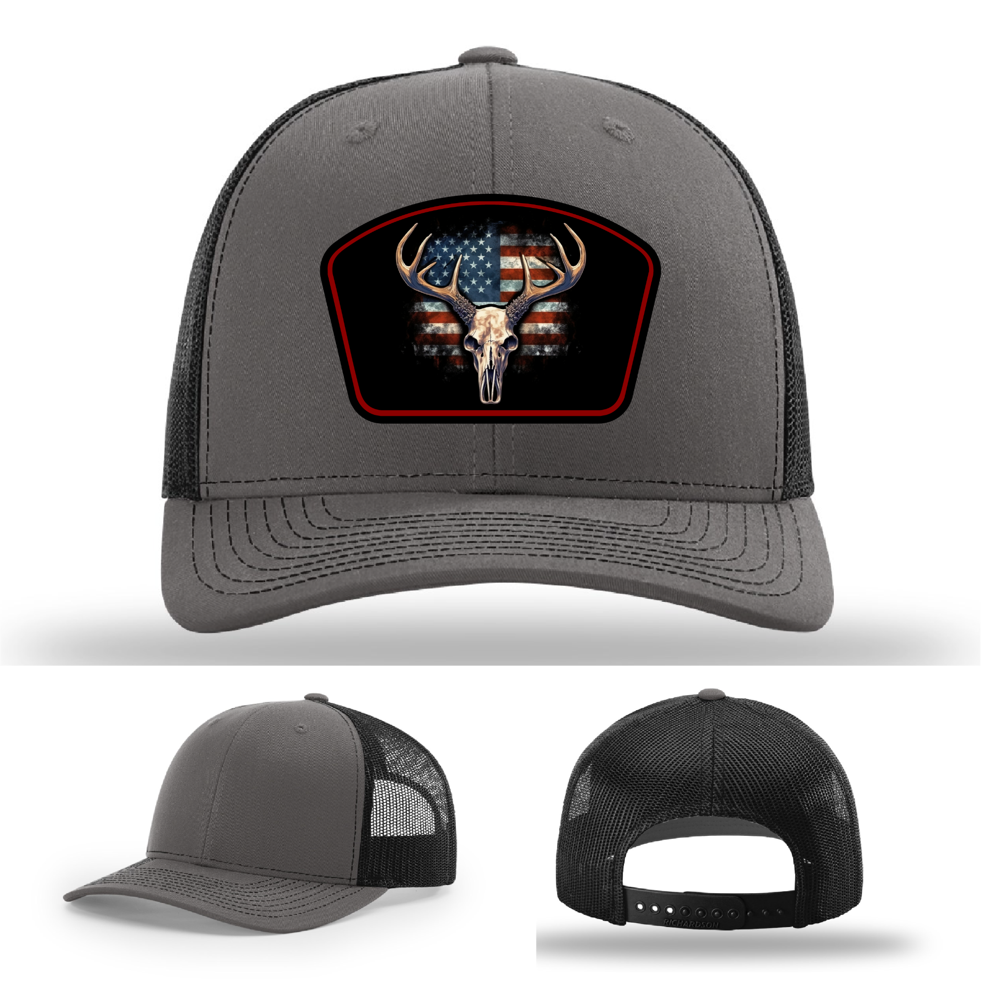 Leather patch hat variants – featuring patriotic deer skull and flag combinations