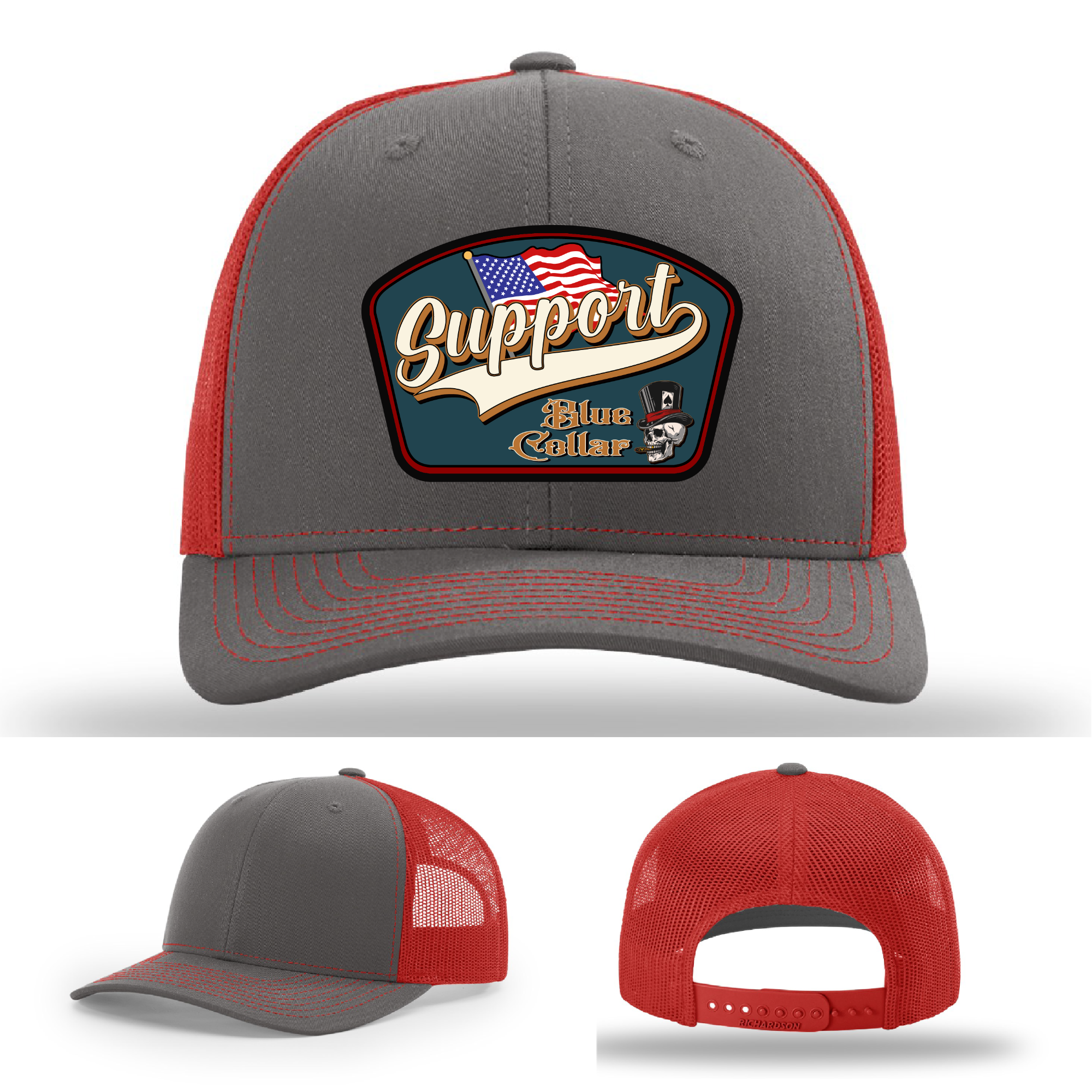 Richardson leather patch hat with 'Support Blue Collar' American flag design