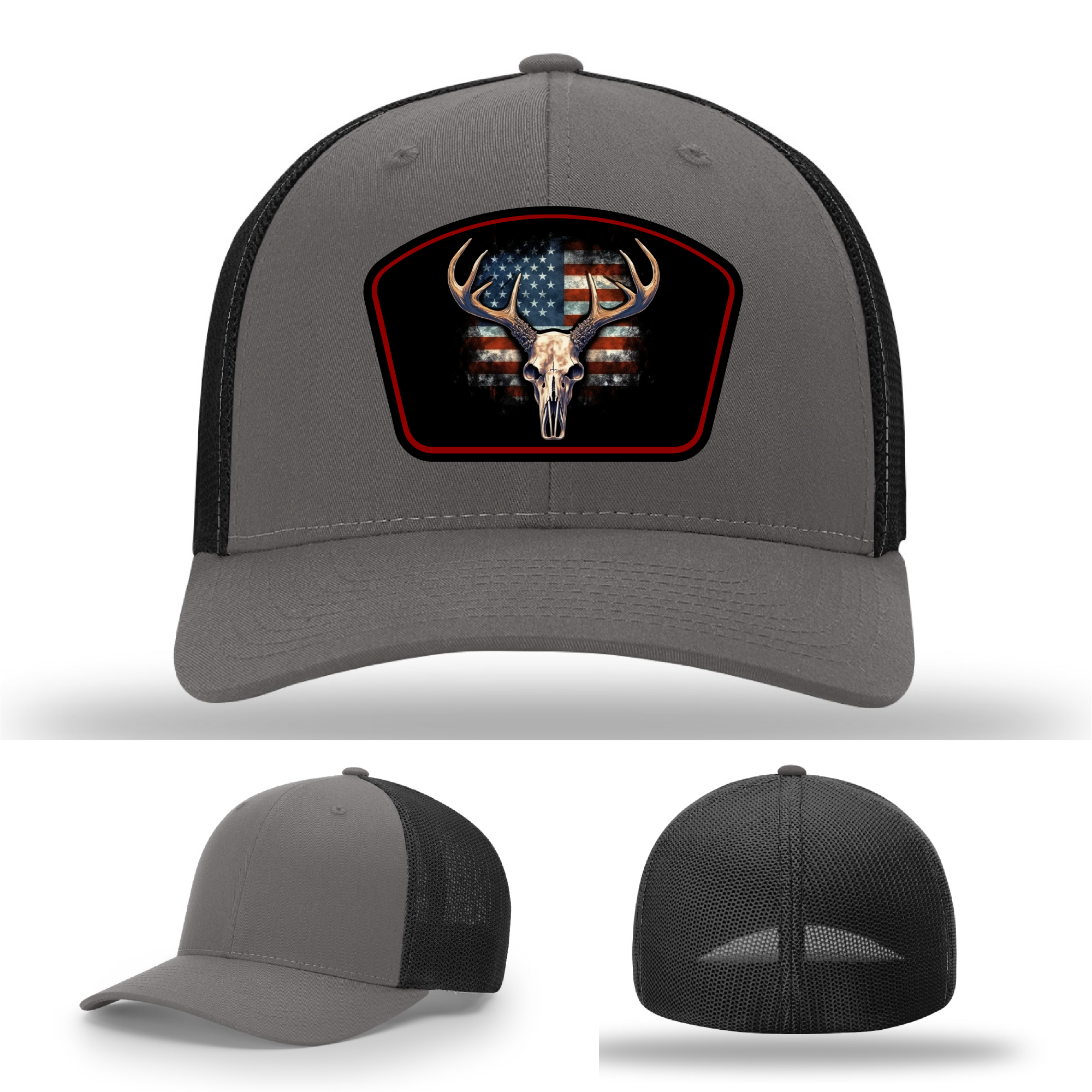 Patriotic deer skull patch collection – logo variants across Richardson hats