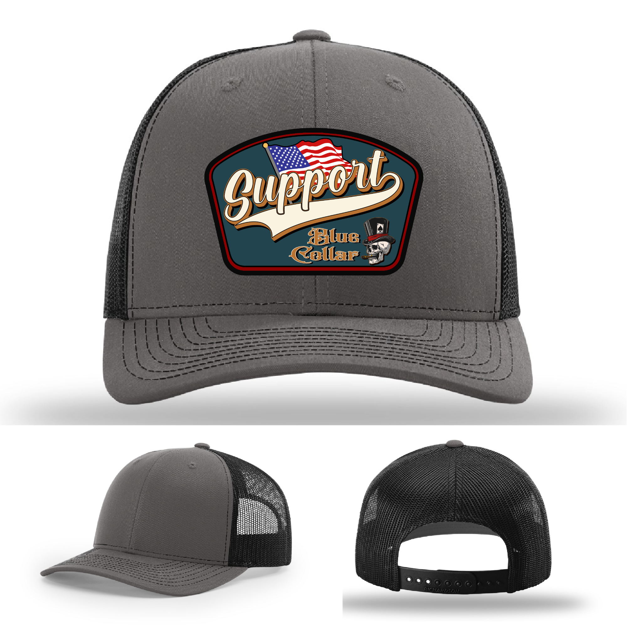 Richardson leather patch hat with 'Support Blue Collar' American flag design