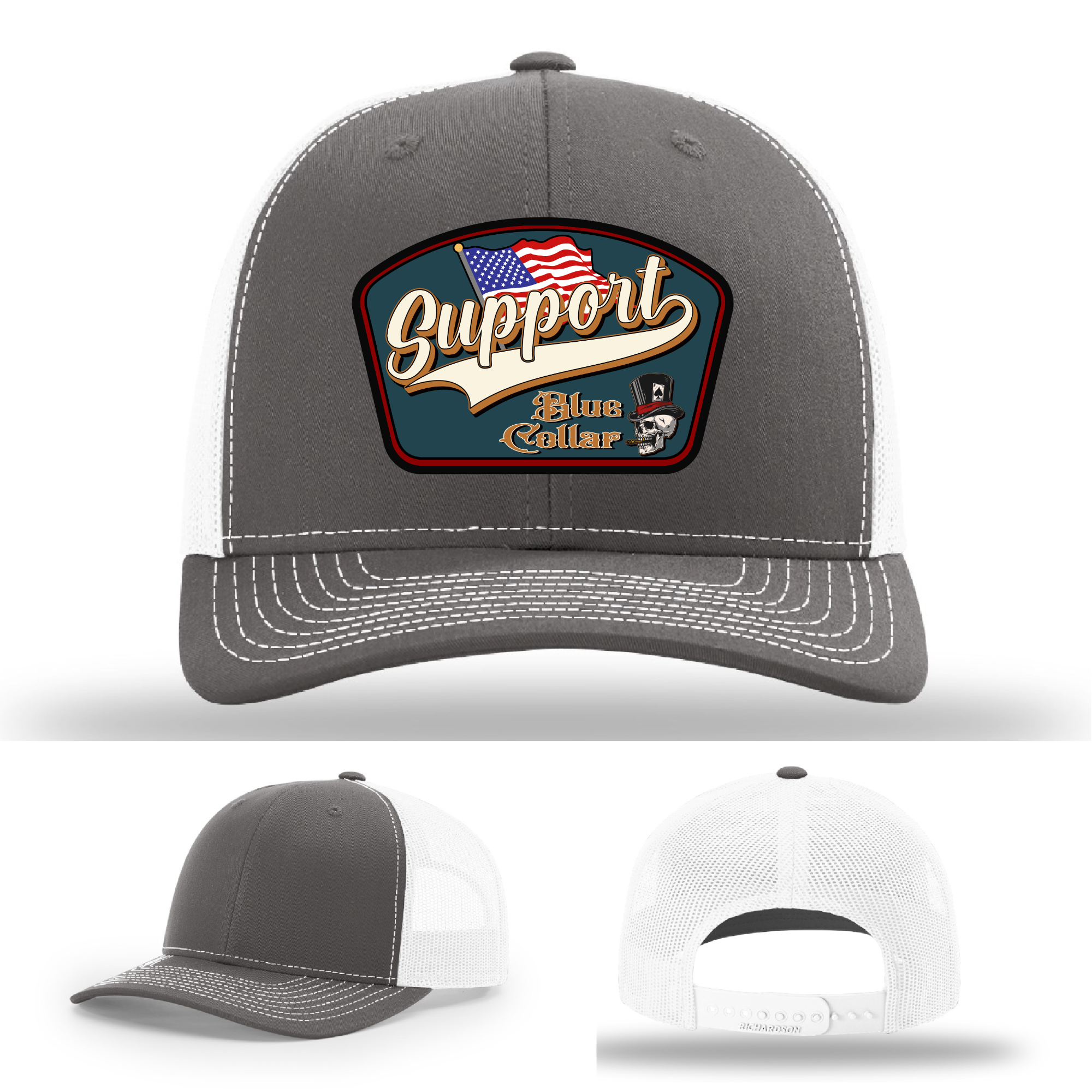 Richardson leather patch hat with 'Support Blue Collar' American flag design