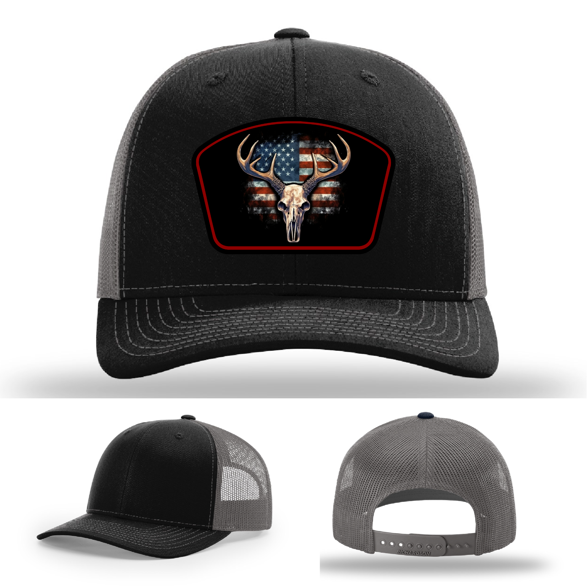 Variant styles of patriotic skull and antlers patch – American flag theme on hats