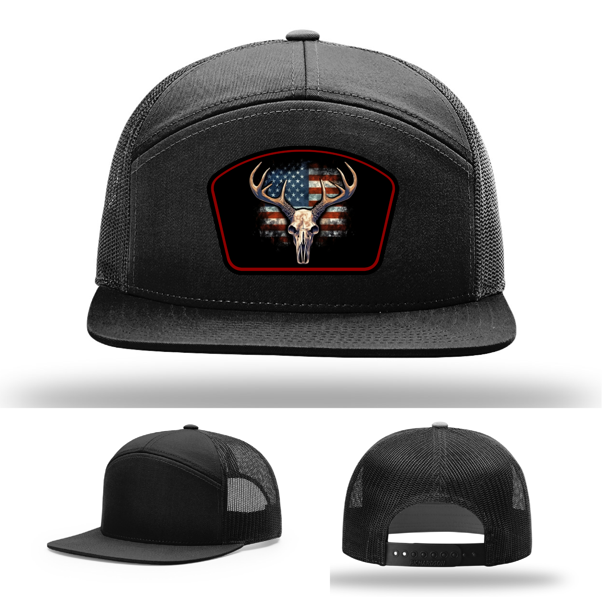 American flag deer skull patch variants – shown across multiple Richardson hat designs