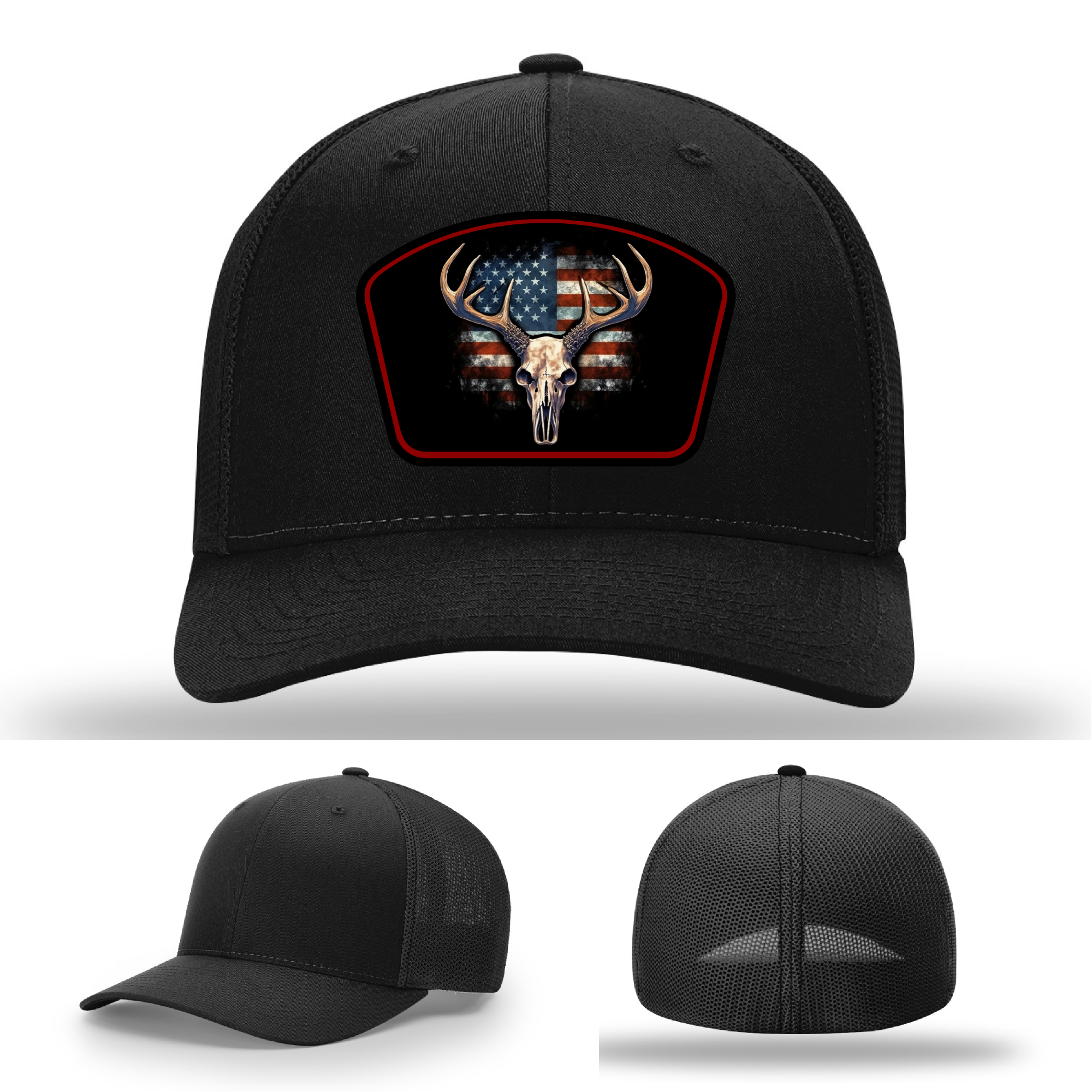 Buck skull leather patch hat logo variants – featuring patriotic American flag artwork