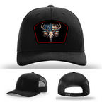 Patriotic buck skull hat logo variants – displaying multiple American flag deer patch designs