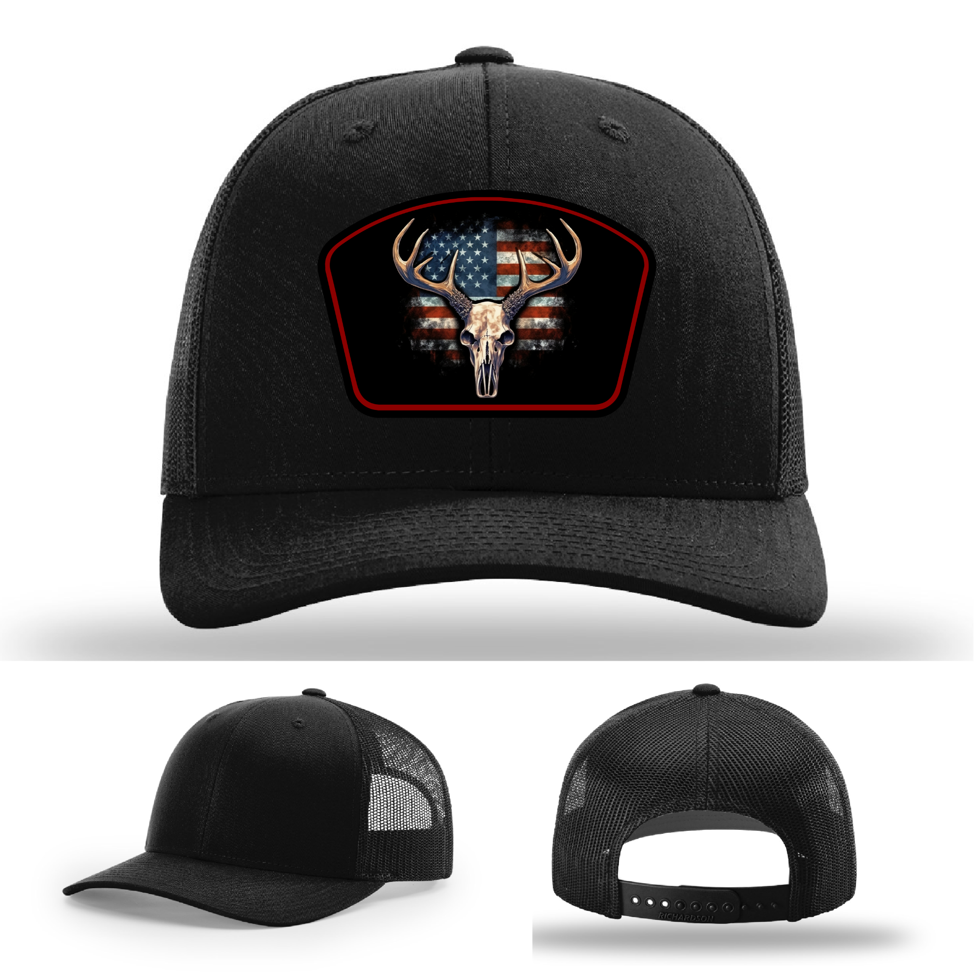 Patriotic buck skull hat logo variants – displaying multiple American flag deer patch designs