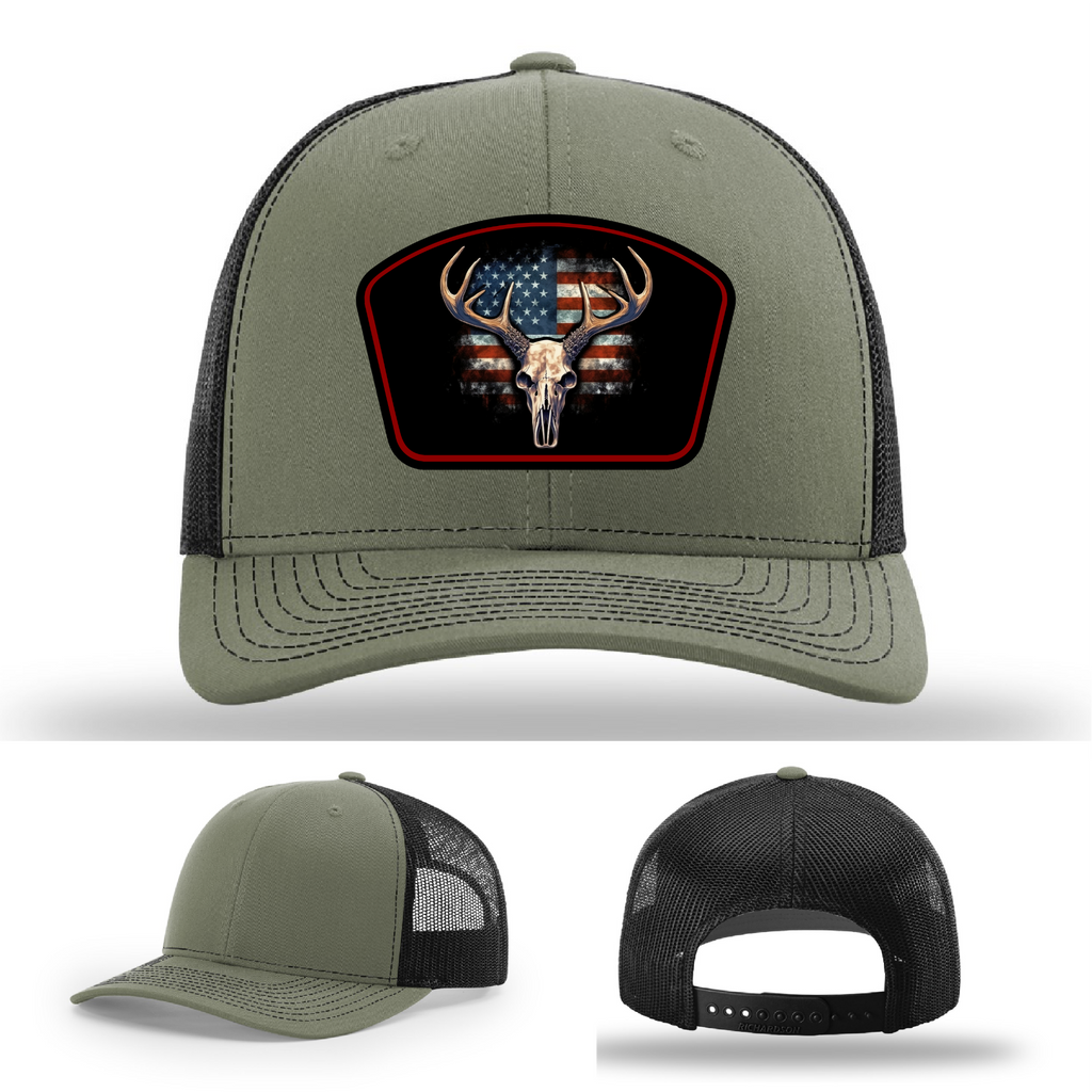 Patriotic buck skull hat options – multiple leather logo patch designs