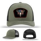 Patriotic buck skull hat options – multiple leather logo patch designs