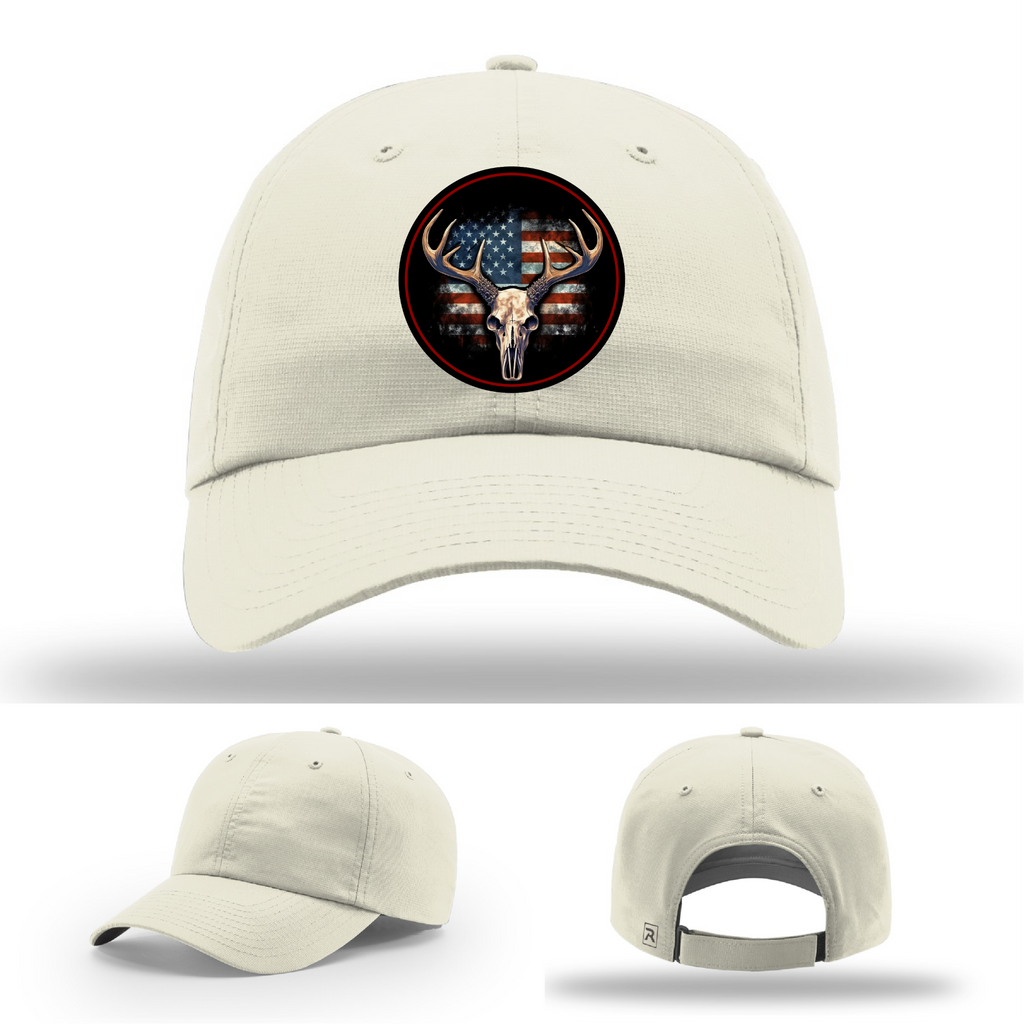 Patriotic deer hunting patches – leather logo variants shown on Richardson hats