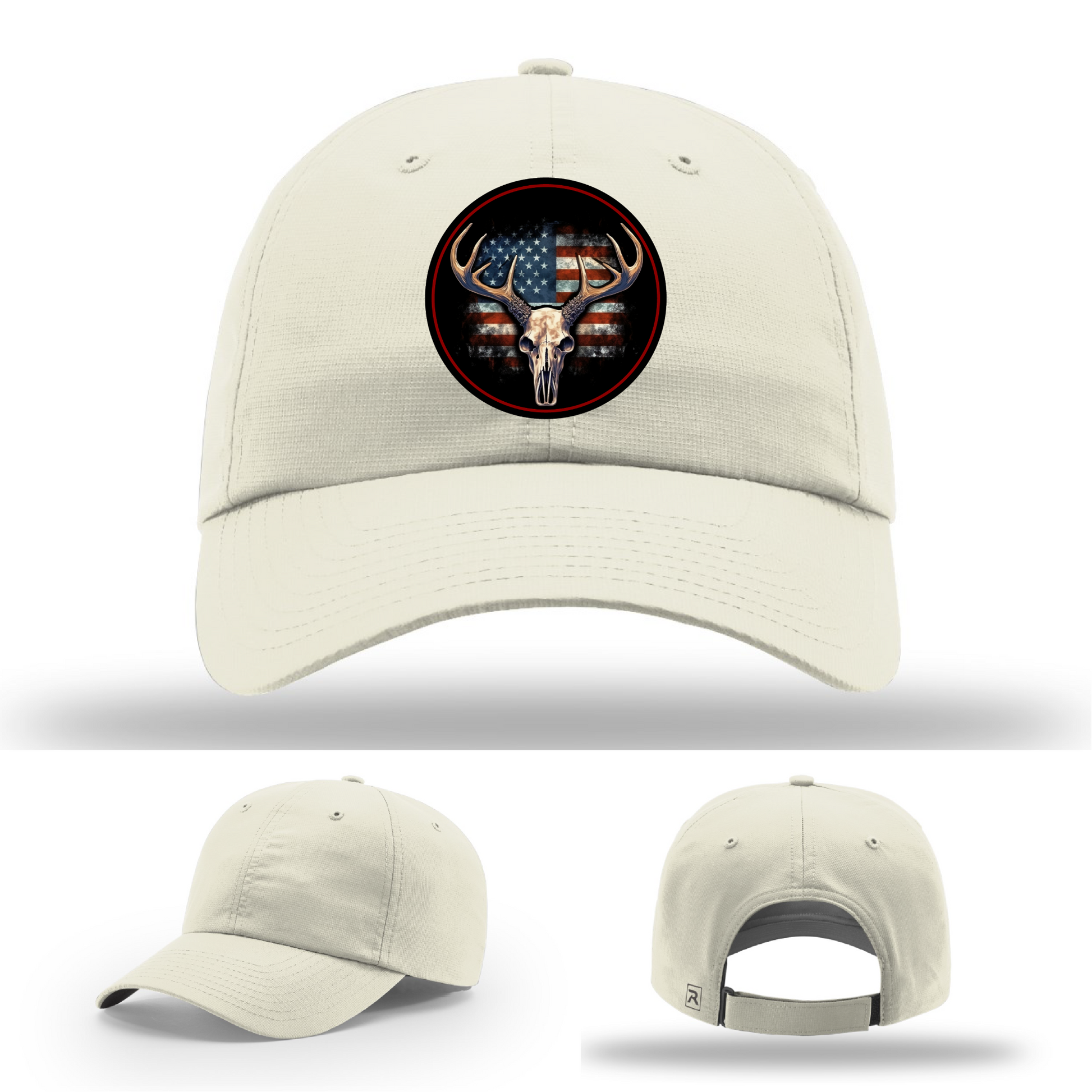 Patriotic deer hunting patches – leather logo variants shown on Richardson hats