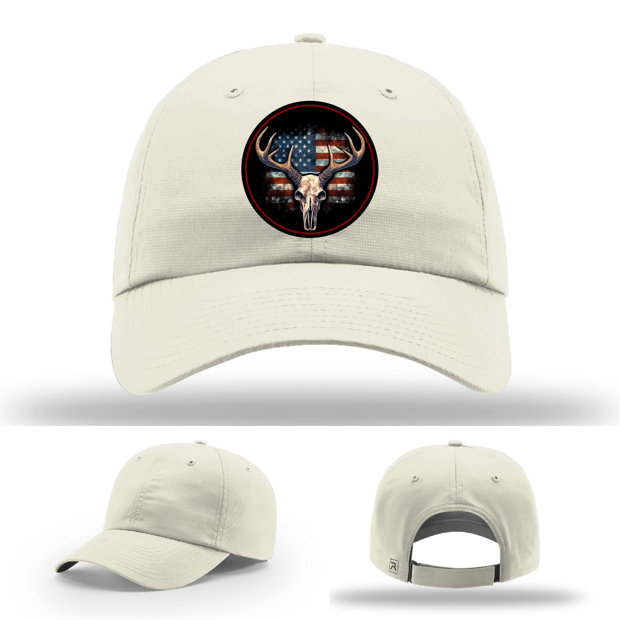 Patriotic deer hunting patches – leather logo variants shown on Richardson hats