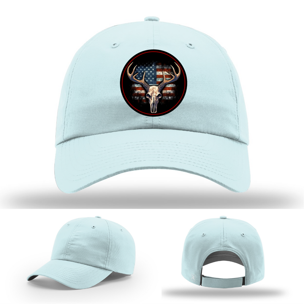 Deer hunting leather logo patch variants – shown on Richardson USA hats